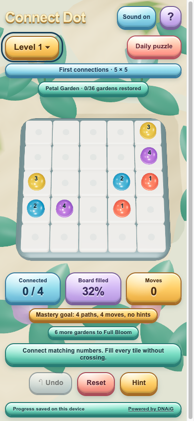 DNConnectDot puzzle with matching numbered dots and colored routes