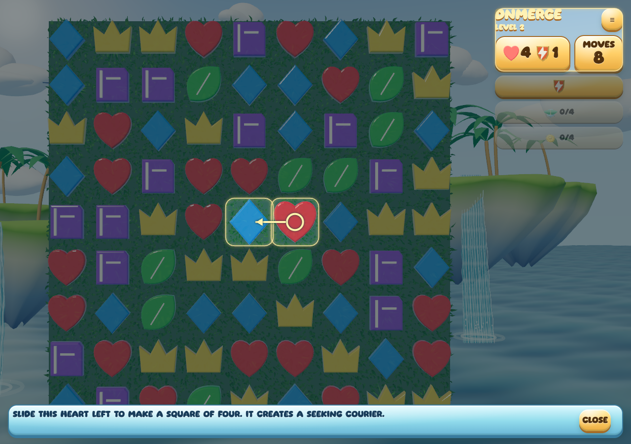 DNMerge lesson showing a heart swap that creates a square of four matching pieces