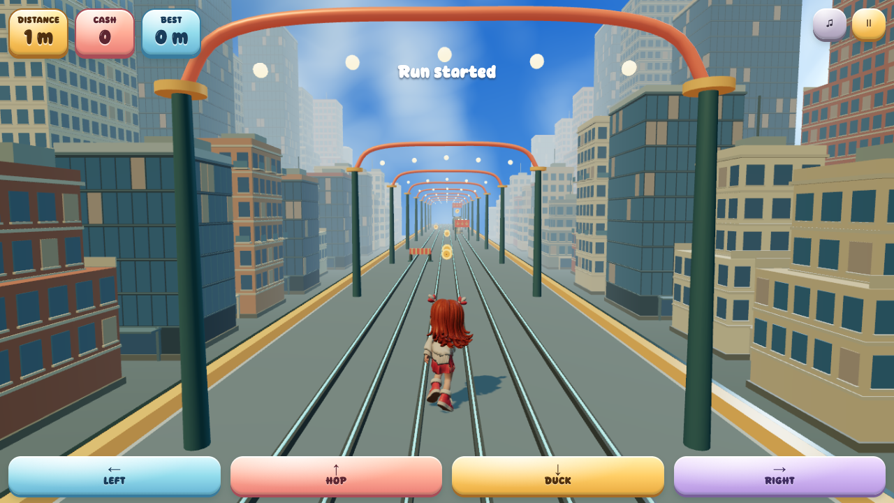 DNRunner’s Rosie character running along city tracks toward cash and obstacles